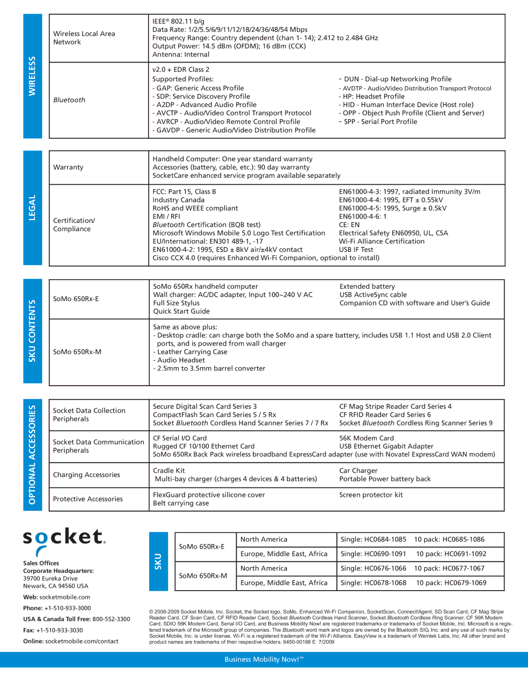 Socket Mobile 650RX specifications Sku, Bluetooth, Legal, Emi / Rfi, Ce En 