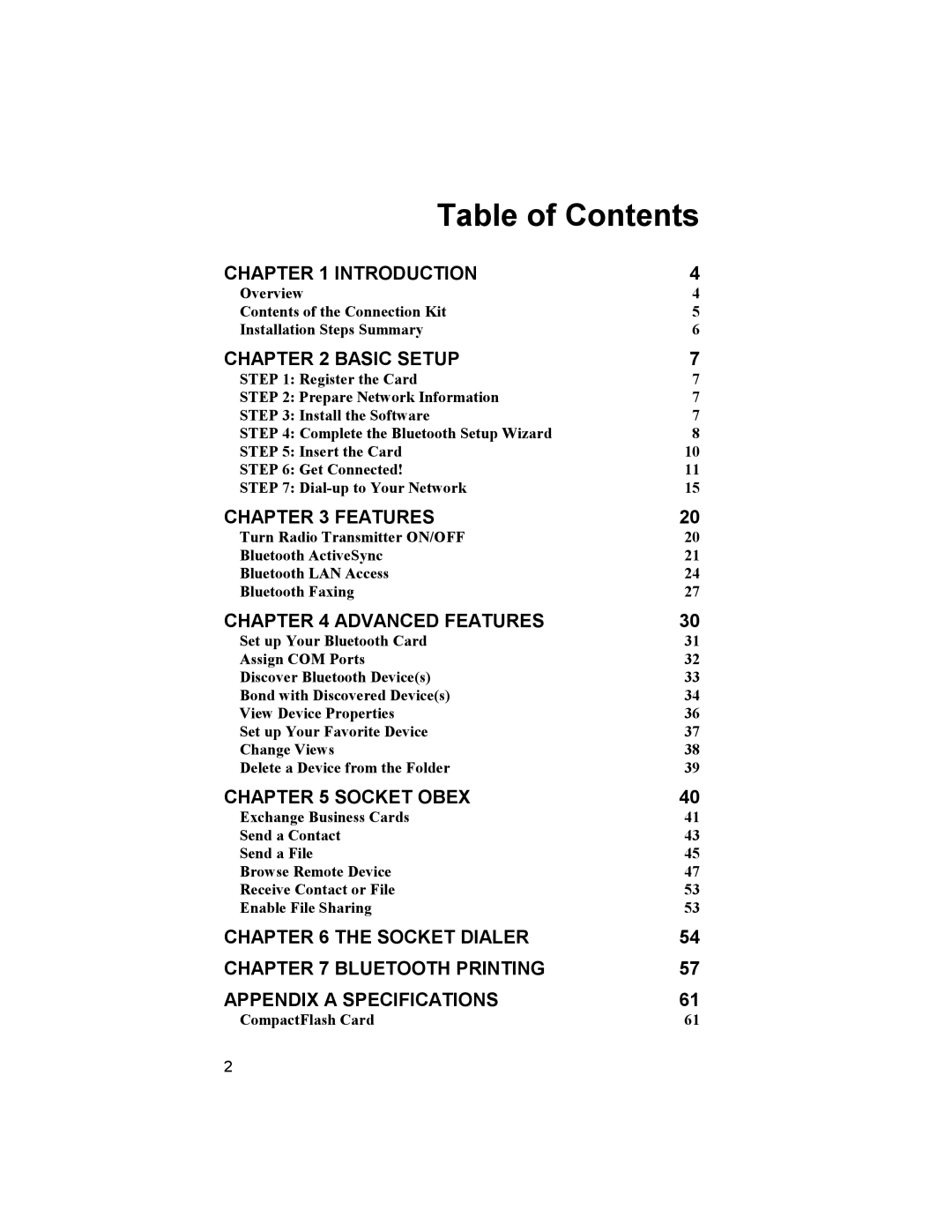 Socket Mobile Bluetooth Connection Kit manual Table of Contents 