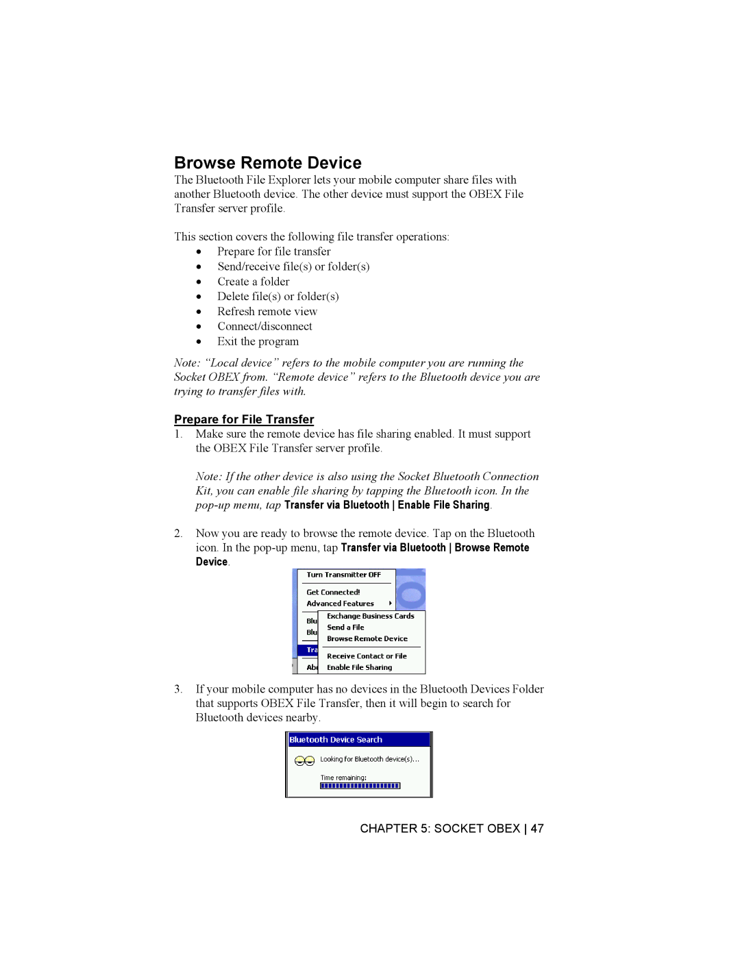 Socket Mobile Bluetooth Connection Kit manual Browse Remote Device, Prepare for File Transfer 
