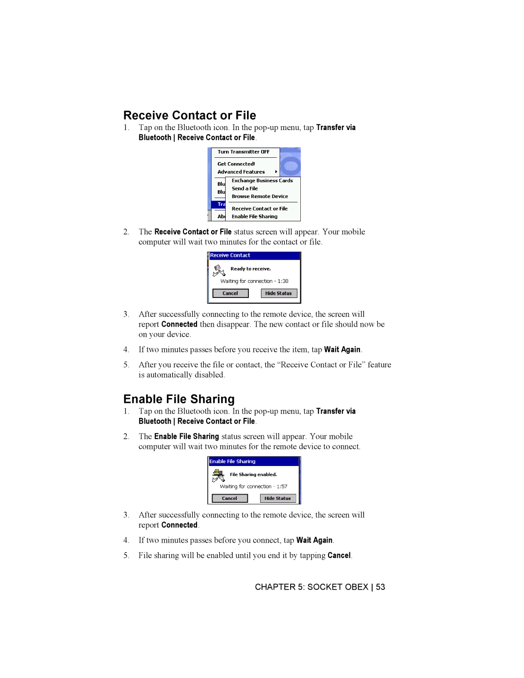 Socket Mobile Bluetooth Connection Kit manual Receive Contact or File, Enable File Sharing 