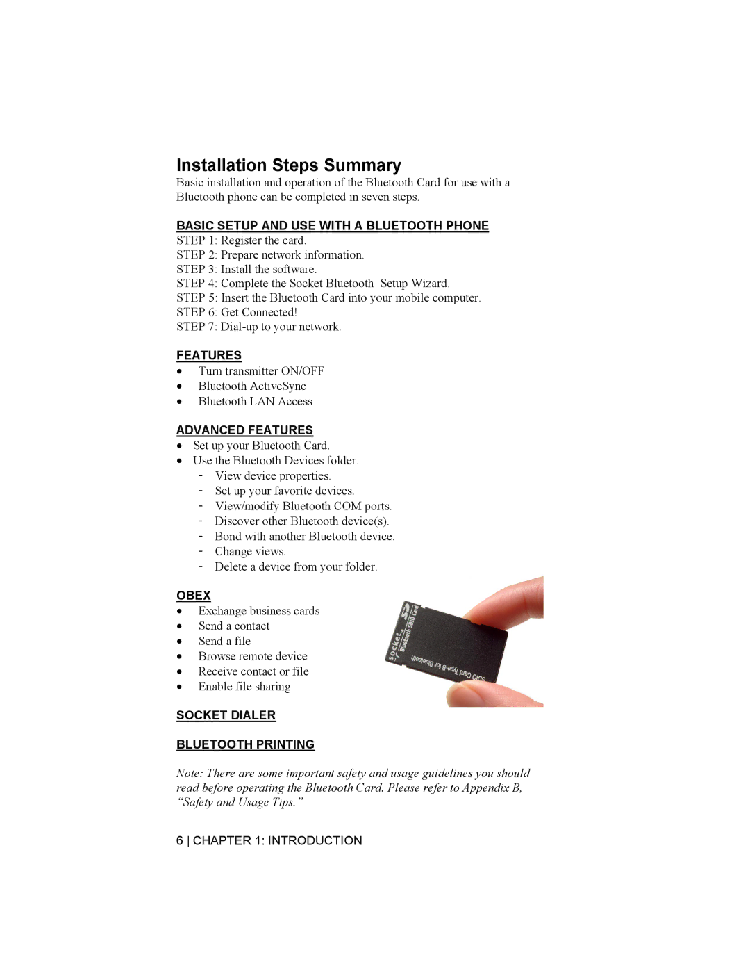 Socket Mobile Bluetooth Connection Kit manual Installation Steps Summary, Advanced Features 