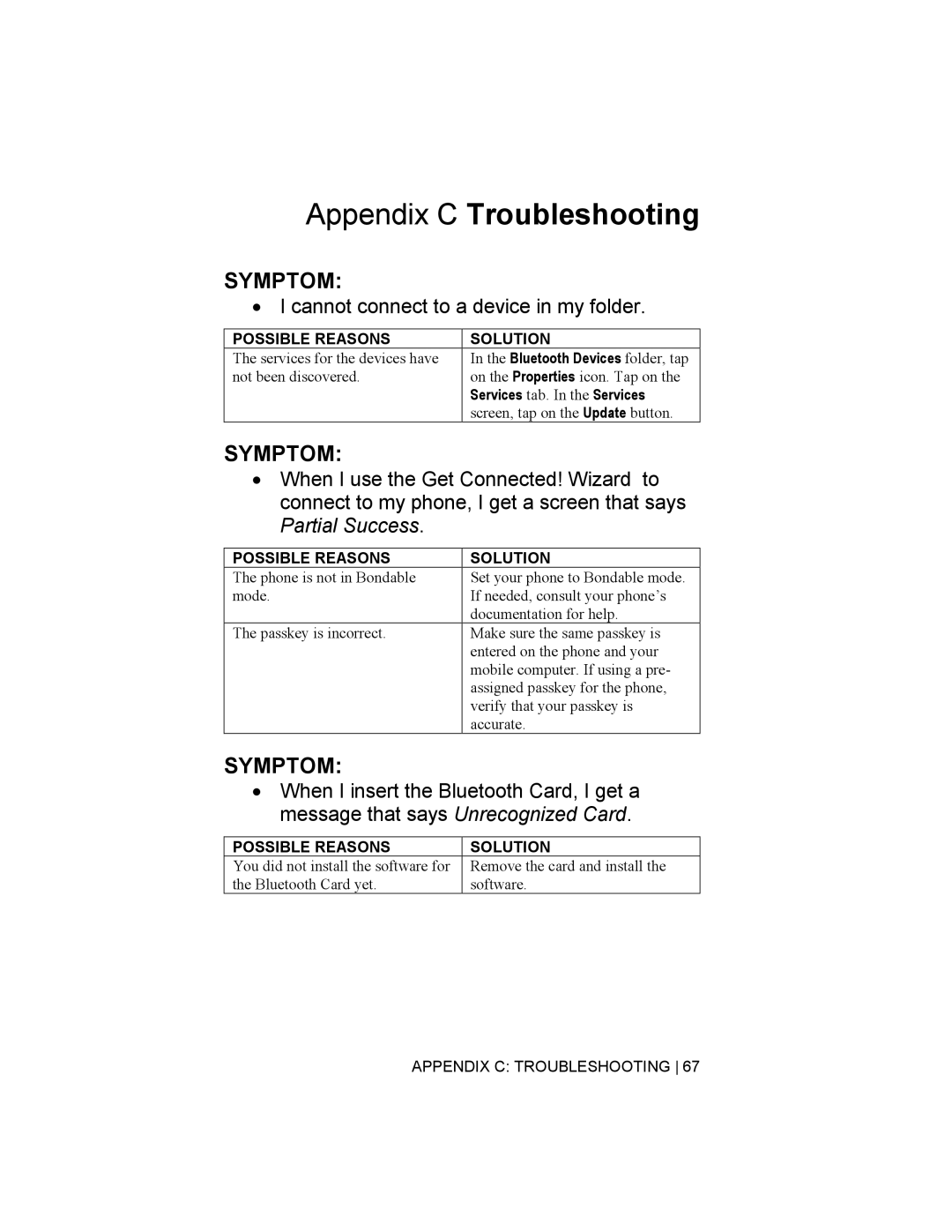 Socket Mobile Bluetooth Connection Kit manual Appendix C Troubleshooting, Services tab. In the Services 