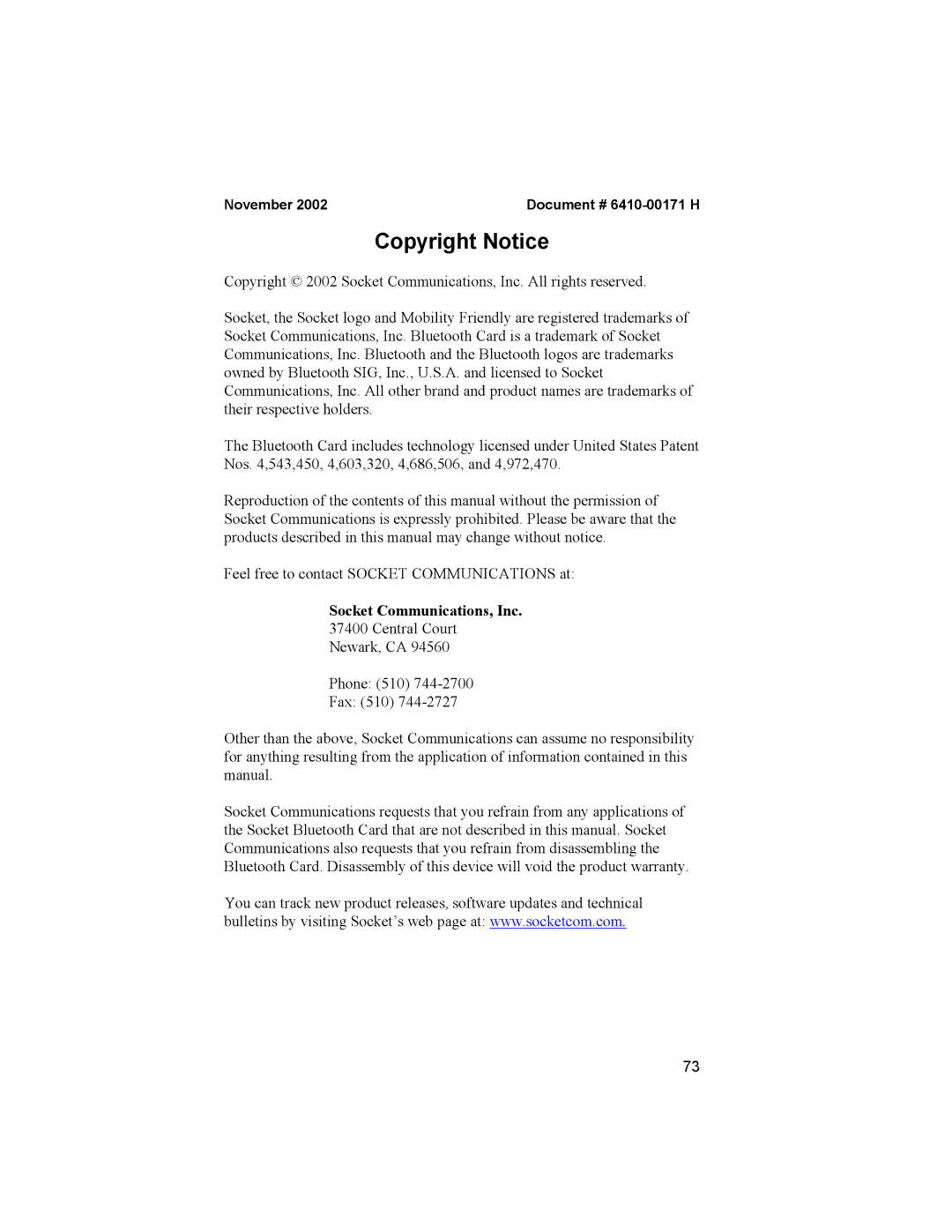 Socket Mobile Bluetooth Connection Kit manual Copyright Notice, Socket Communications, Inc 