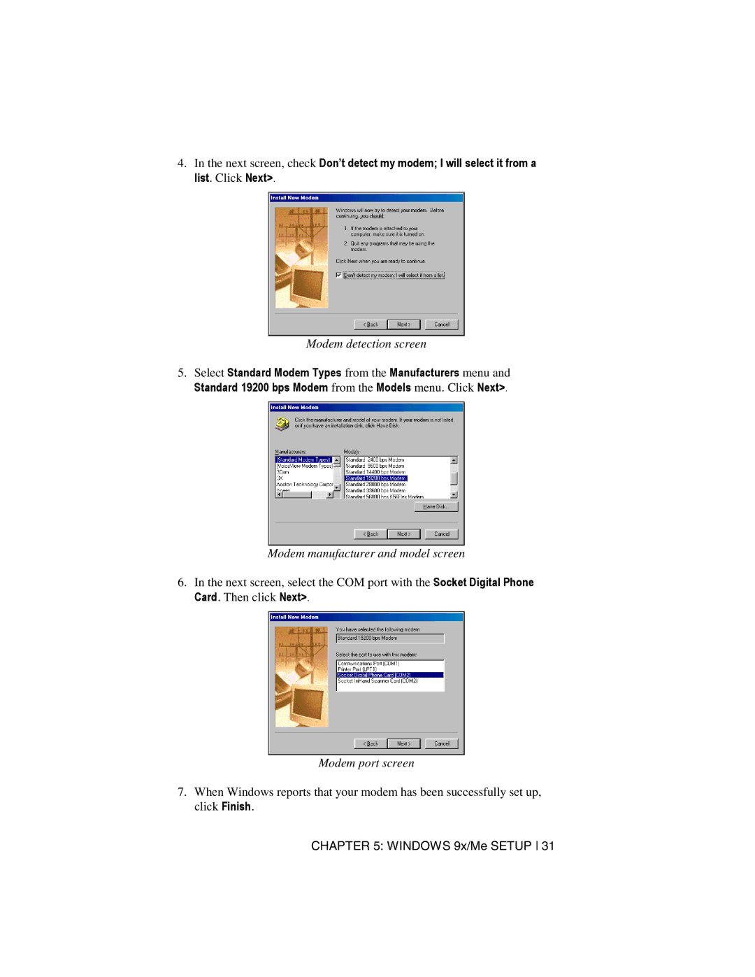 Socket Mobile Digital Phone Card for Data-Capable Mobile Phone Modem detection screen, Modem manufacturer and model screen 