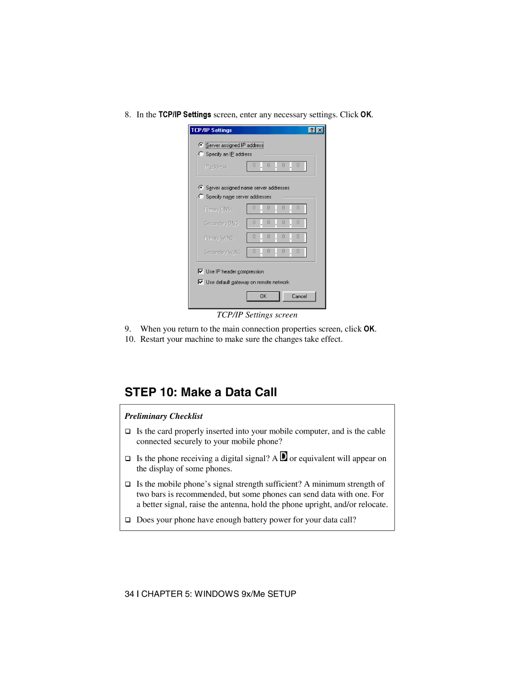 Socket Mobile Digital Phone Card for Data-Capable Mobile Phone manual Make a Data Call, TCP/IP Settings screen 