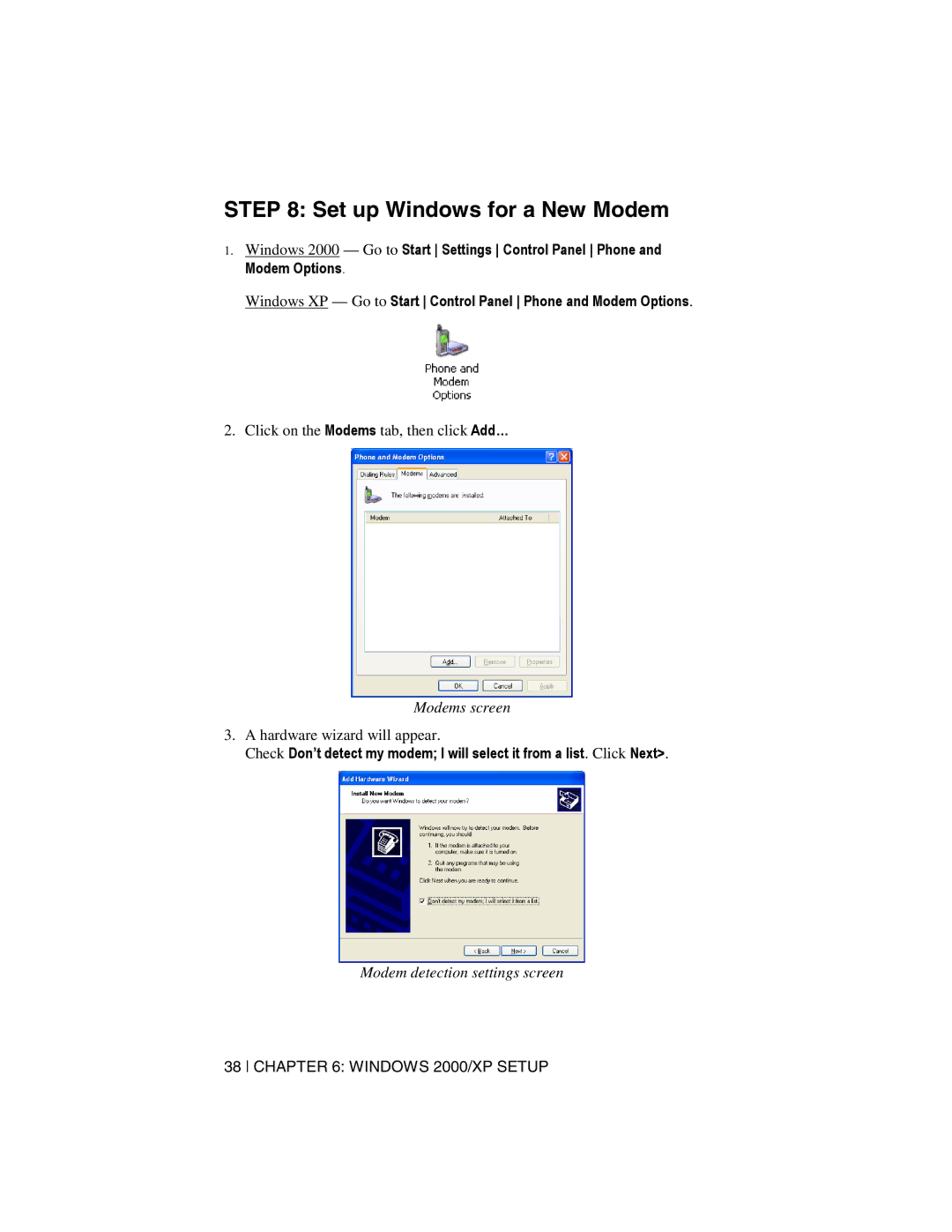 Socket Mobile Digital Phone Card for Data-Capable Mobile Phone manual Set up Windows for a New Modem, Modems screen 