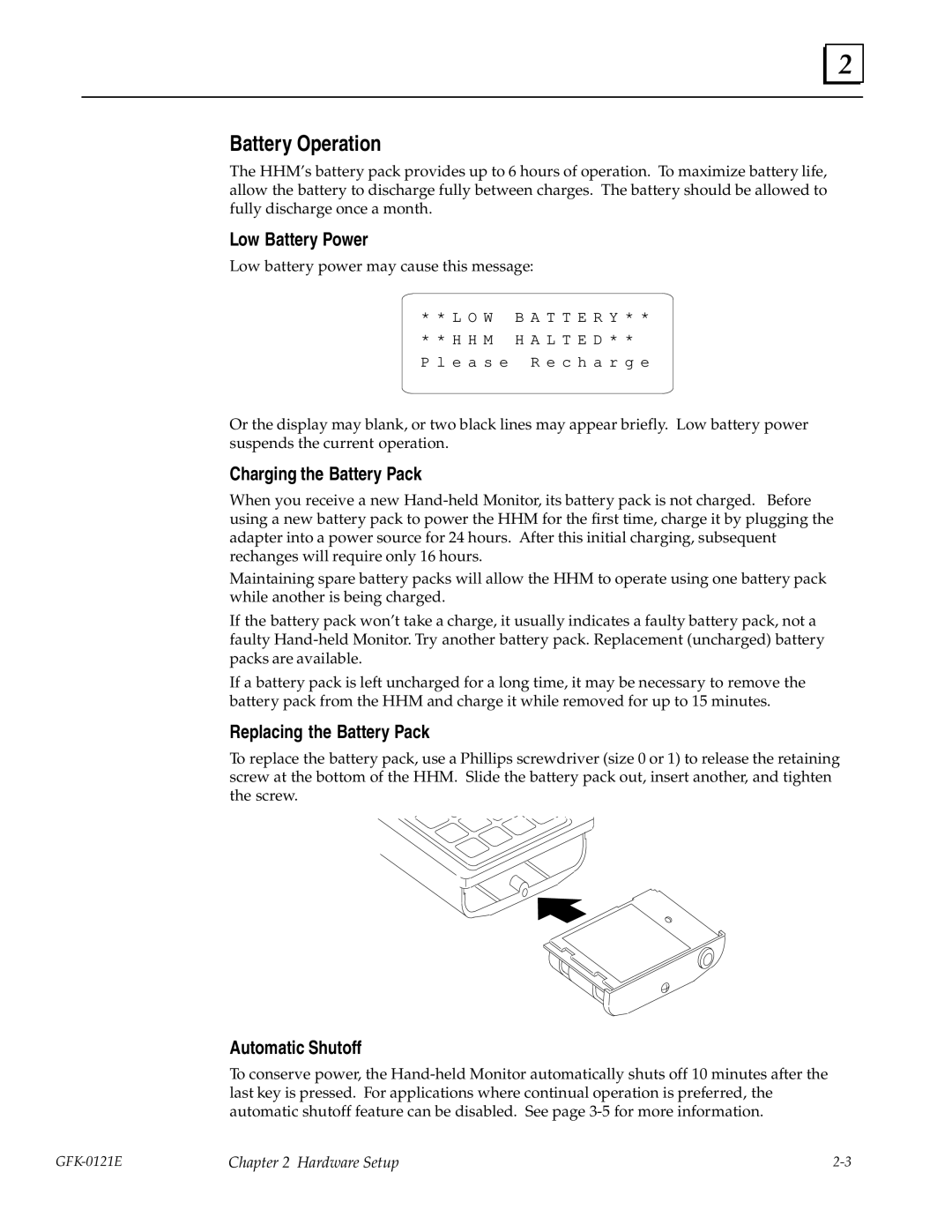 Socket Mobile GFK0121E manual Battery Operation, Low Battery Power, Charging the Battery Pack, Replacing the Battery Pack 