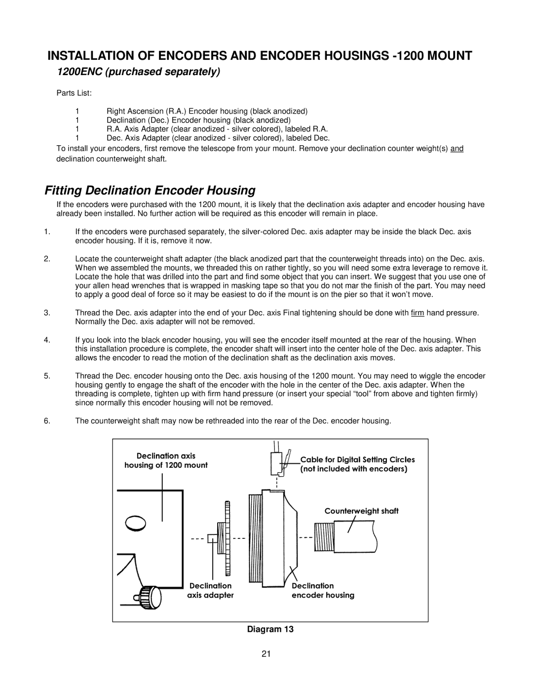 Socket Mobile GTOCP2 manual Installation of Encoders and Encoder Housings -1200 Mount, Fitting Declination Encoder Housing 