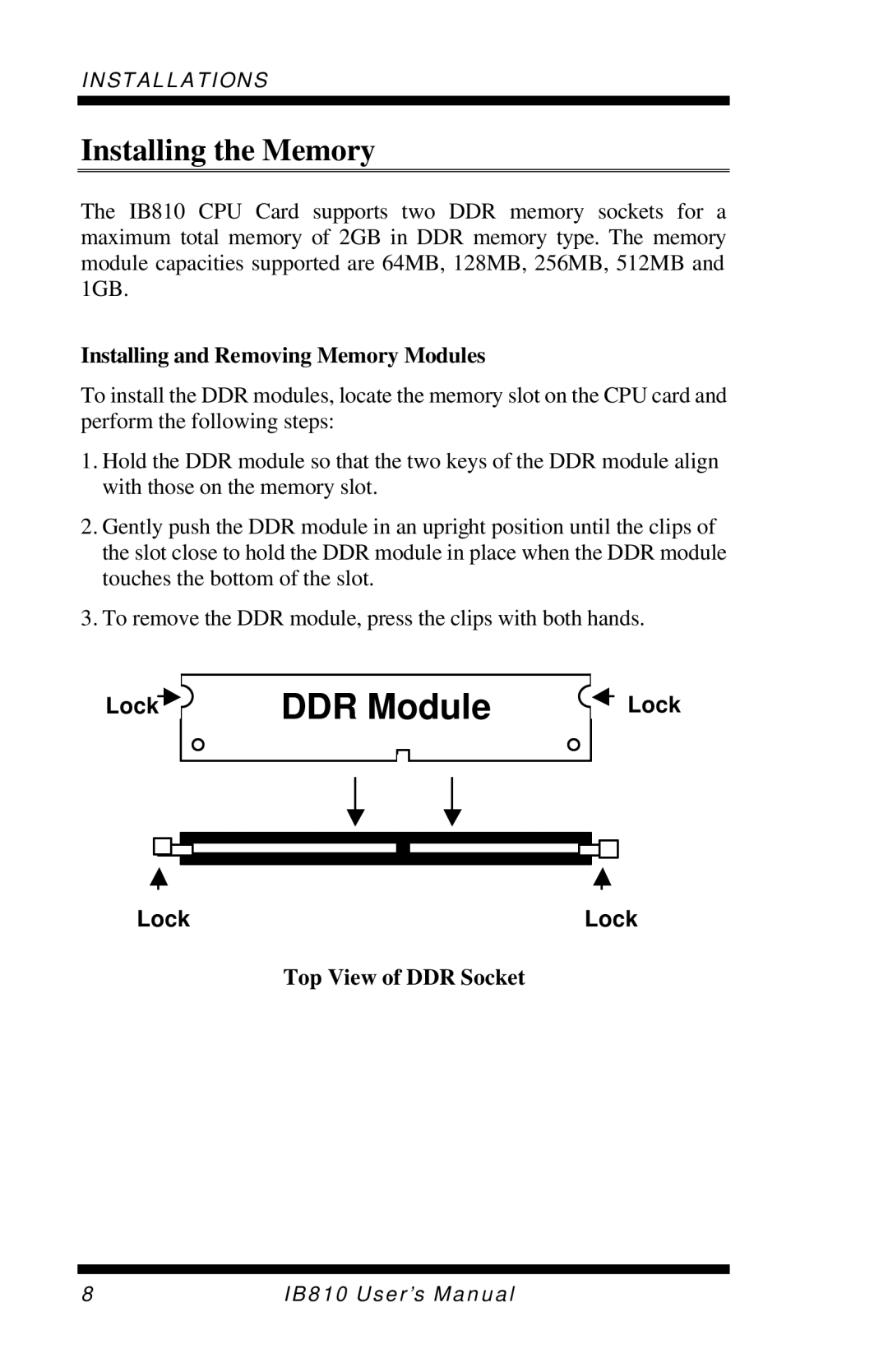 Socket Mobile IB810 user manual Installing the Memory, Installing and Removing Memory Modules, Lock, Top View of DDR Socket 