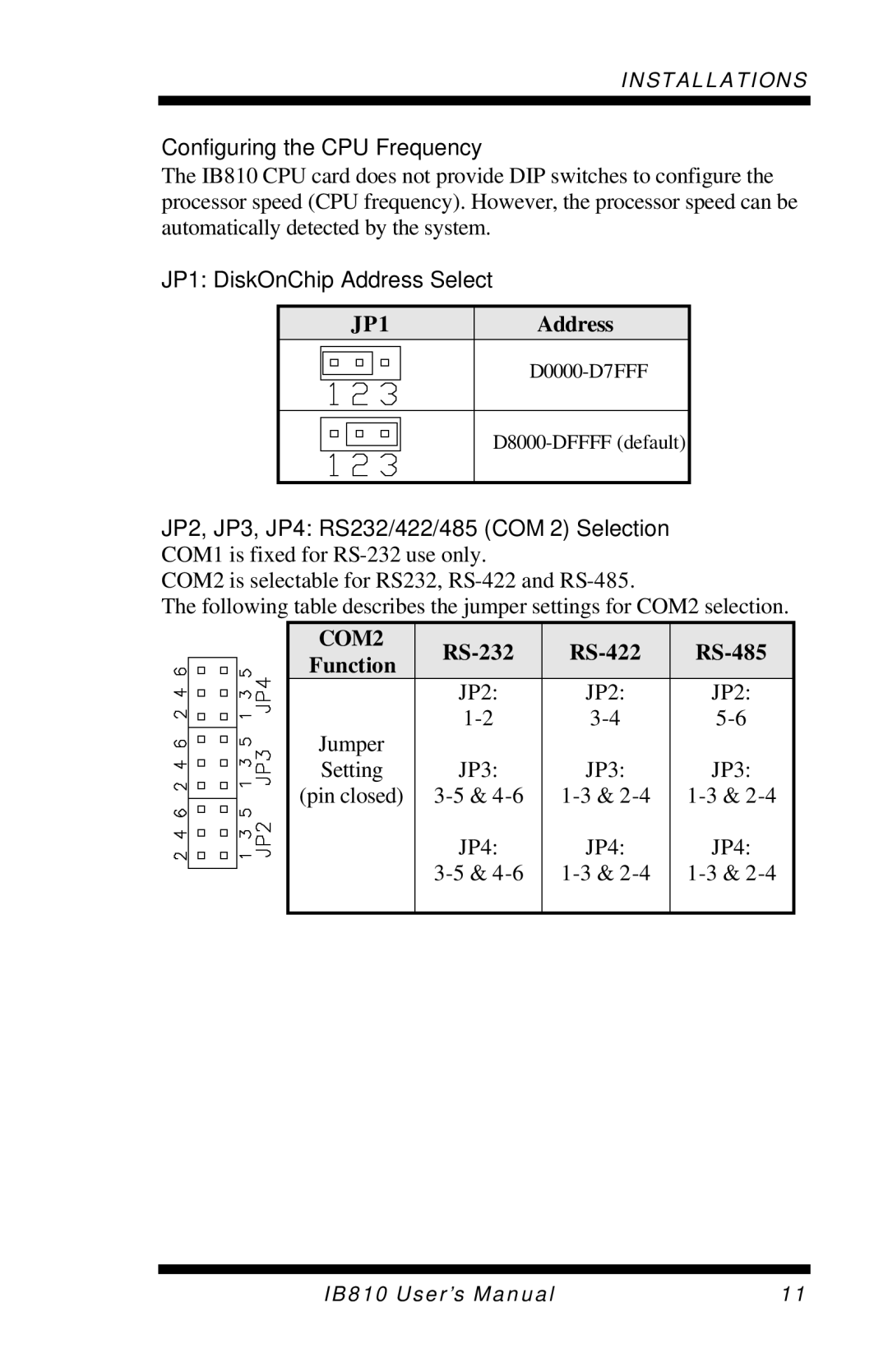 Socket Mobile IB810 user manual Configuring the CPU Frequency, JP1 DiskOnChip Address Select, RS-232 RS-422 RS-485 Function 