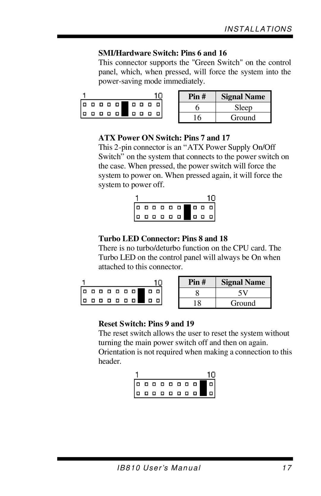 Socket Mobile IB810 user manual SMI/Hardware Switch Pins 6, ATX Power on Switch Pins 7, Turbo LED Connector Pins 8 