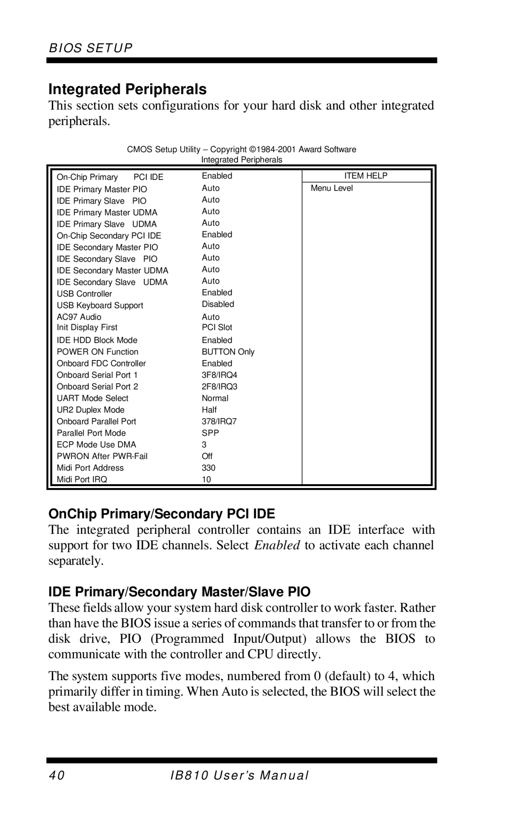 Socket Mobile IB810 Integrated Peripherals, OnChip Primary/Secondary PCI IDE, IDE Primary/Secondary Master/Slave PIO 