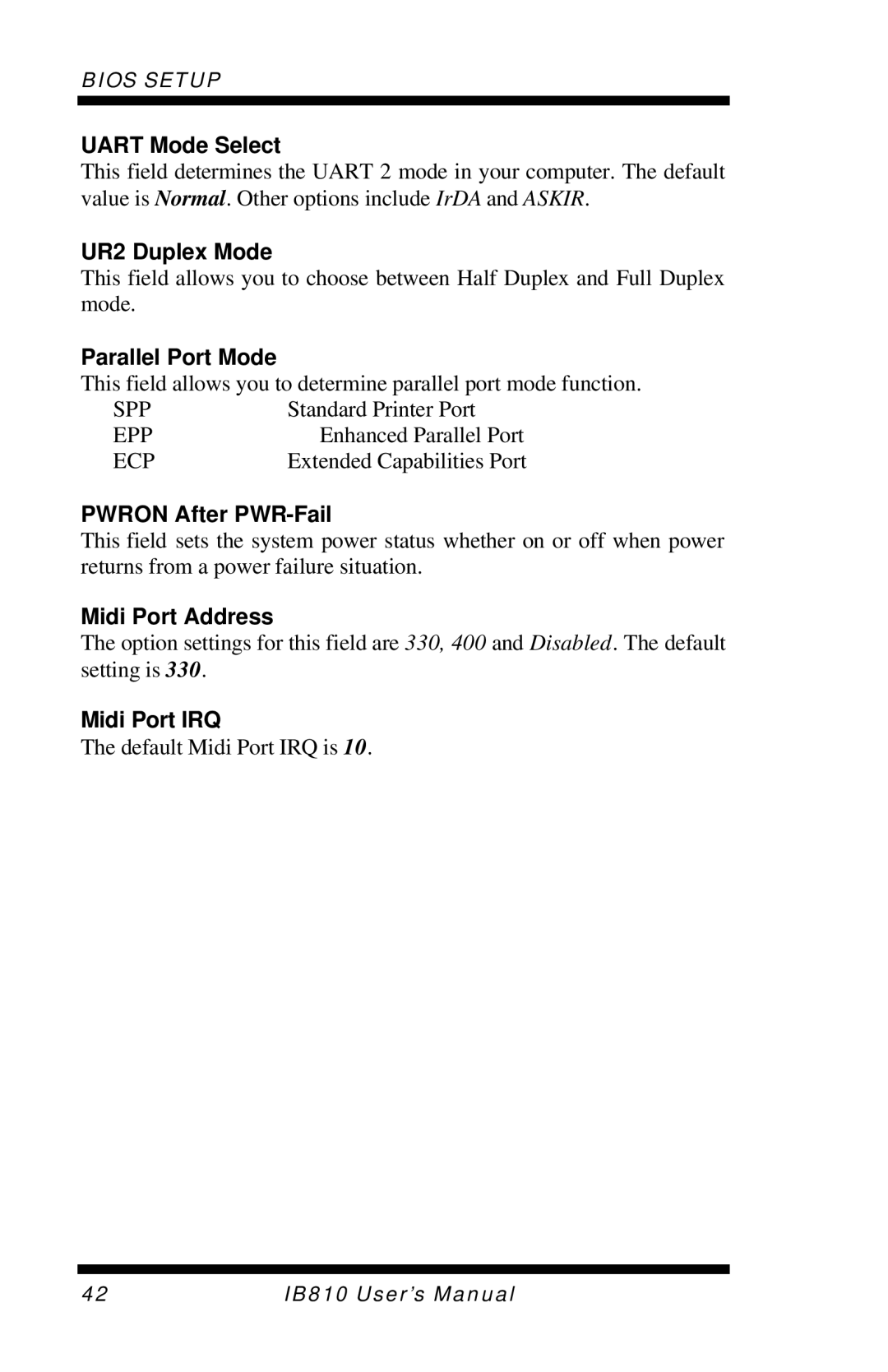 Socket Mobile IB810 Uart Mode Select, UR2 Duplex Mode, Parallel Port Mode, Pwron After PWR-Fail, Midi Port Address 