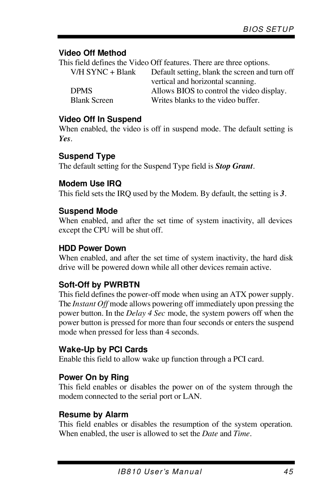 Socket Mobile IB810 Video Off Method, Video Off In Suspend, Suspend Type, Modem Use IRQ, Suspend Mode, HDD Power Down 