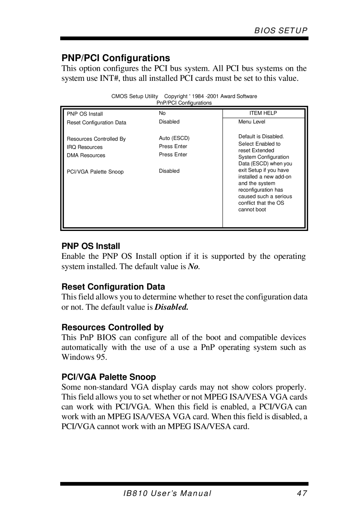 Socket Mobile IB810 user manual PNP/PCI Configurations, PNP OS Install, Reset Configuration Data, Resources Controlled by 