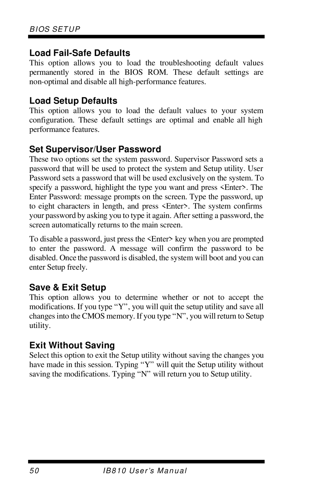 Socket Mobile IB810 Load Fail-Safe Defaults, Load Setup Defaults, Set Supervisor/User Password, Save & Exit Setup 