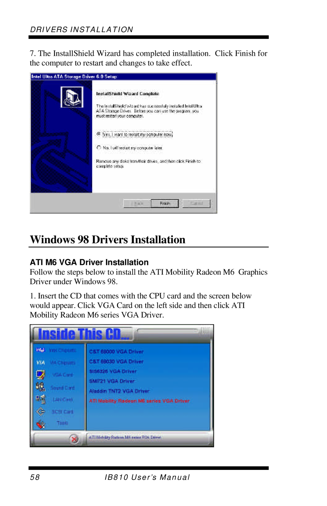 Socket Mobile IB810 user manual Windows 98 Drivers Installation, ATI M6 VGA Driver Installation 