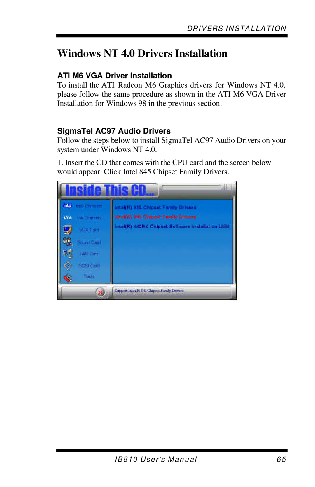 Socket Mobile IB810 user manual Windows NT 4.0 Drivers Installation, ATI M6 VGA Driver Installation 