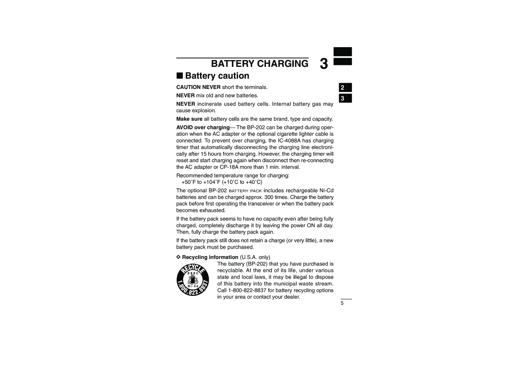 Socket Mobile IC-4088A instruction manual Battery Charging, Battery caution, Recycling information U.S.A. only 