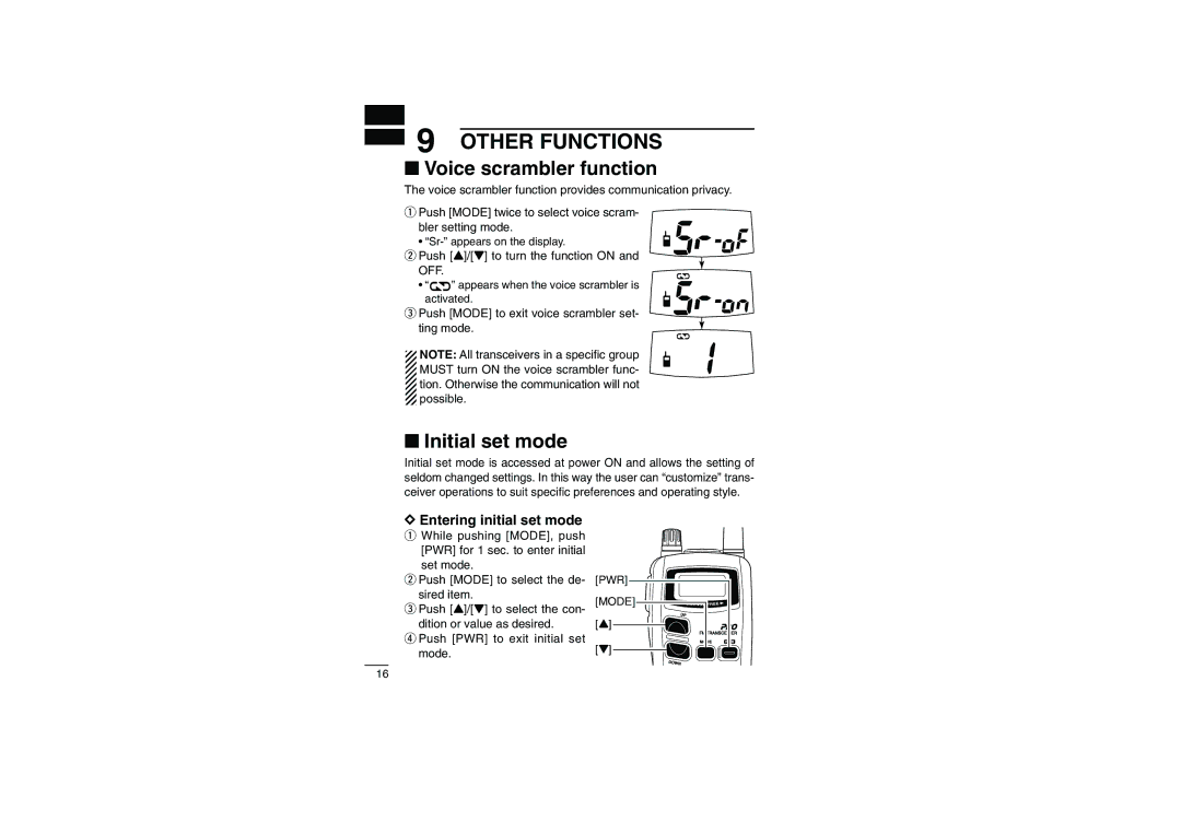 Socket Mobile IC-4088A Other Functions, Voice scrambler function, Initial set mode, Entering initial set mode 