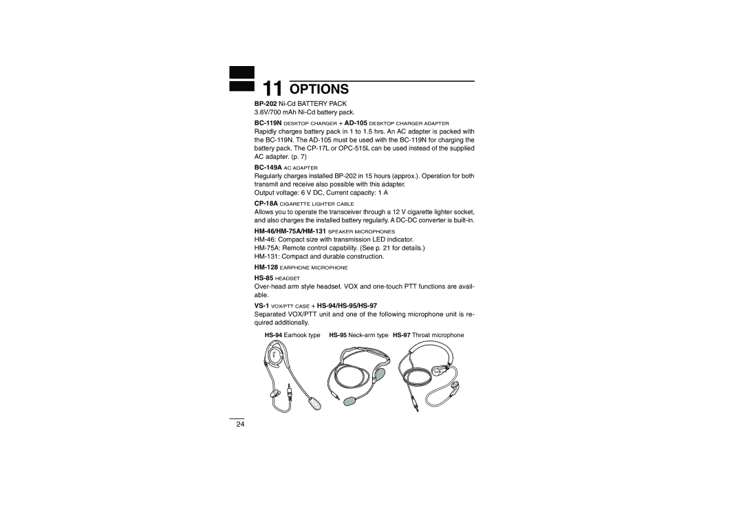 Socket Mobile IC-4088A instruction manual Options, HM-46/HM-75A/HM-131 Speaker Microphones 