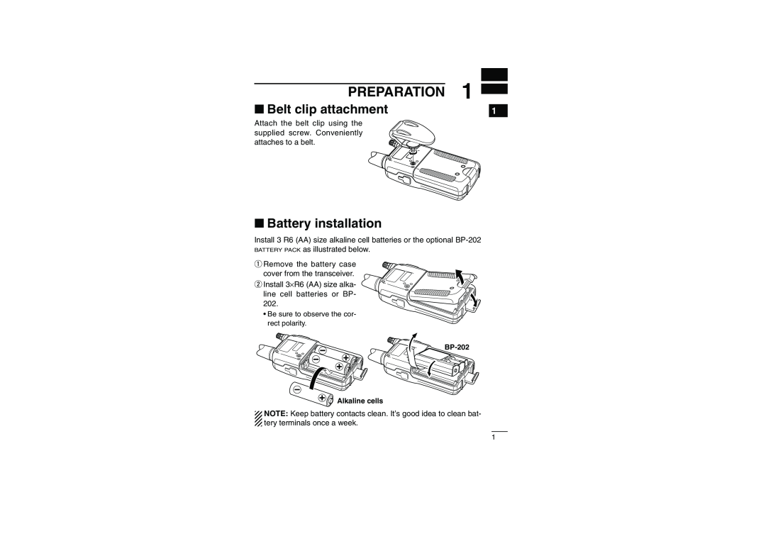Socket Mobile IC-4088A instruction manual Belt clip attachment, Battery installation, Preparation, BP-202 Alkaline cells 