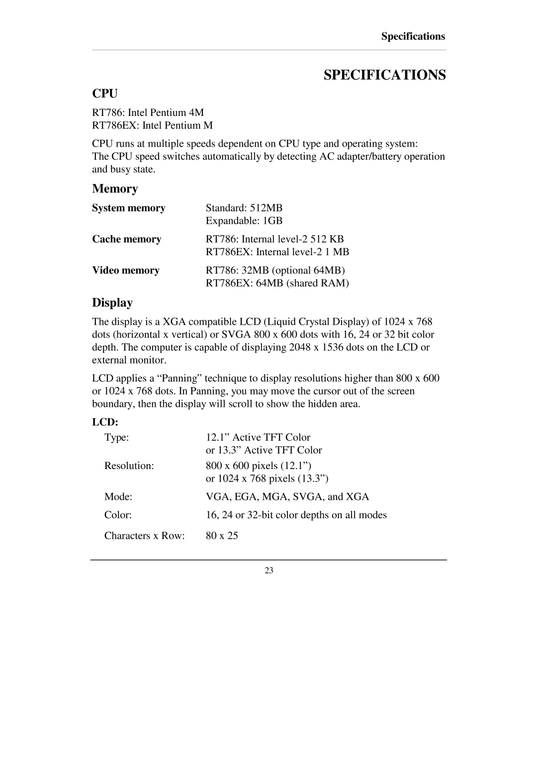 Socket Mobile RT786 RT786EX manual Specifications, Memory, Display 