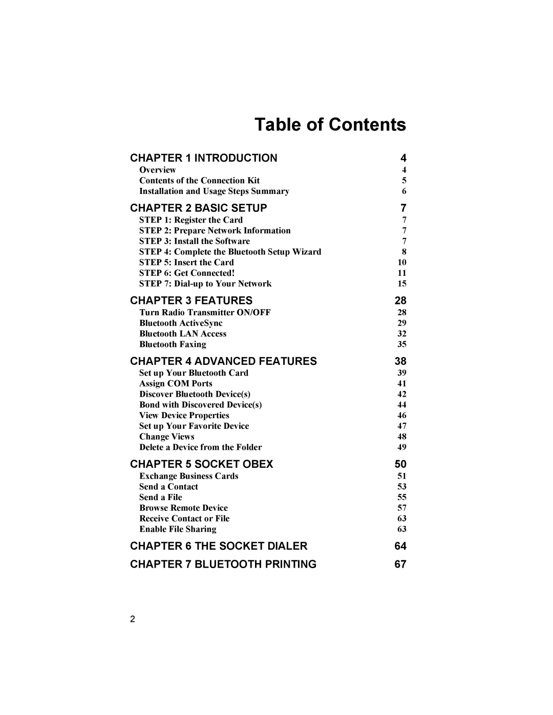 Socket Mobile CompactFlash/SDIO Connection Kit with Bluetooth Wireless Technology manual Table of Contents 