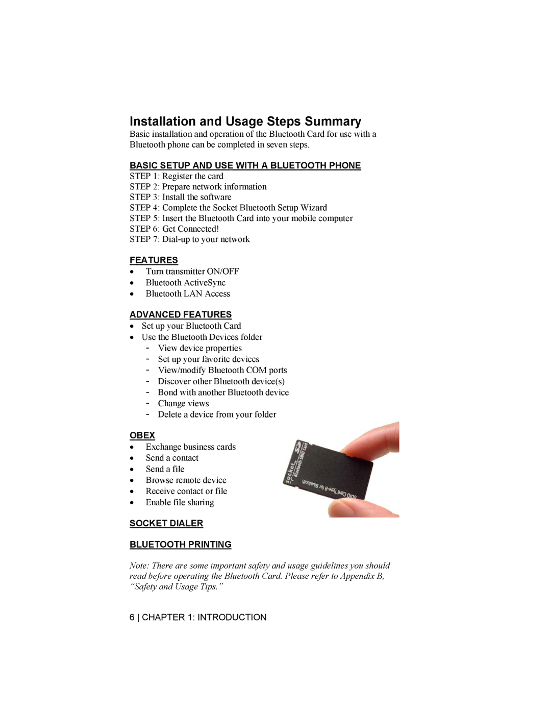 Socket Mobile CompactFlash/SDIO Connection Kit with Bluetooth Wireless Technology Installation and Usage Steps Summary 