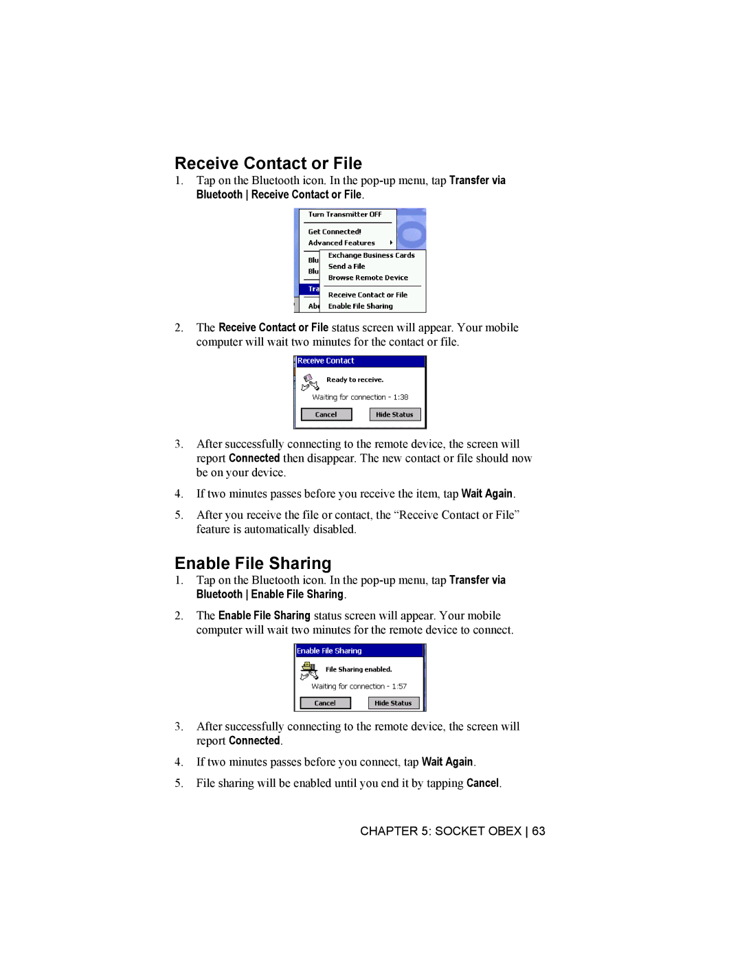 Socket Mobile CompactFlash/SDIO Connection Kit with Bluetooth Wireless Technology manual Receive Contact or File 