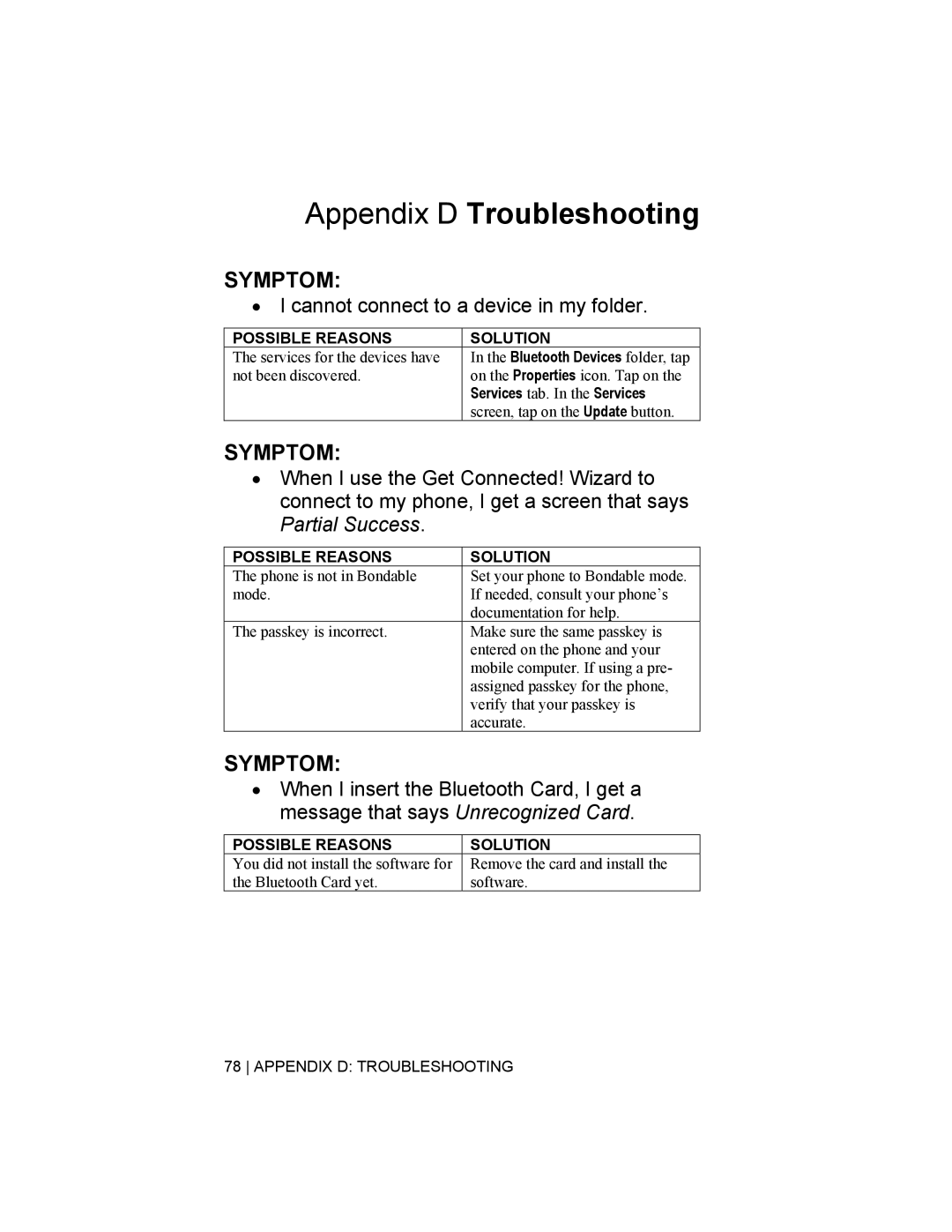 Socket Mobile CompactFlash/SDIO Connection Kit with Bluetooth Wireless Technology manual Appendix D Troubleshooting 