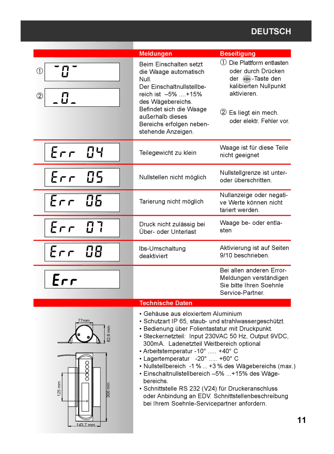 Soehnle 2790 manual Meldungen, Beseitigung, Technische Daten 