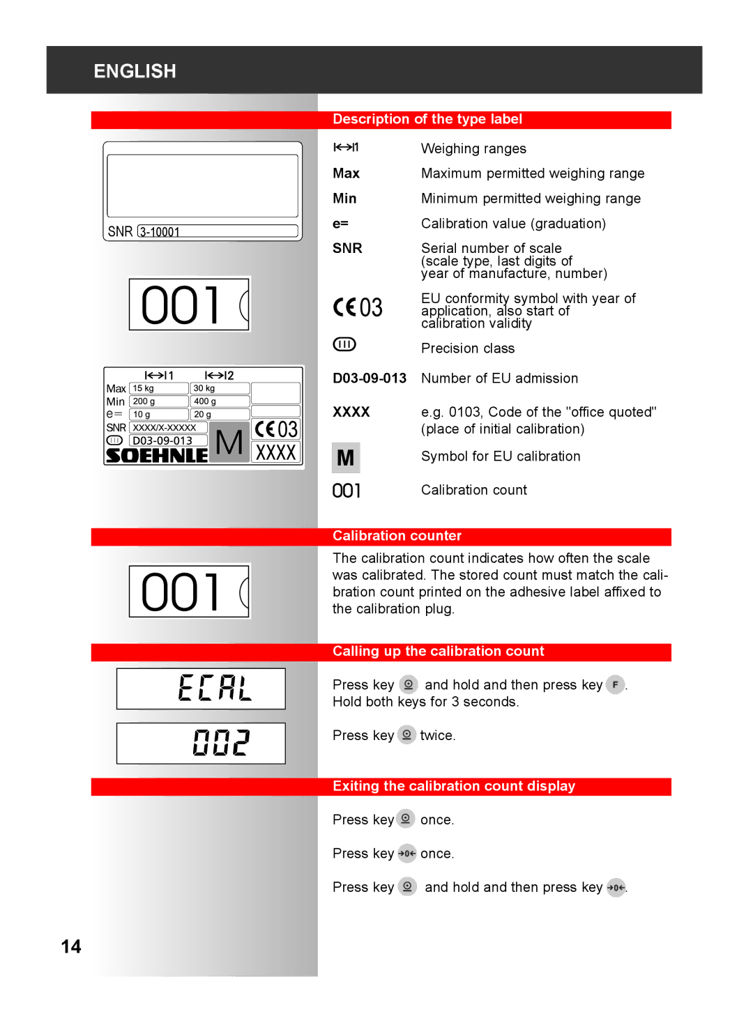 Soehnle 2790 manual Description of the type label, Calibration counter, Calling up the calibration count 