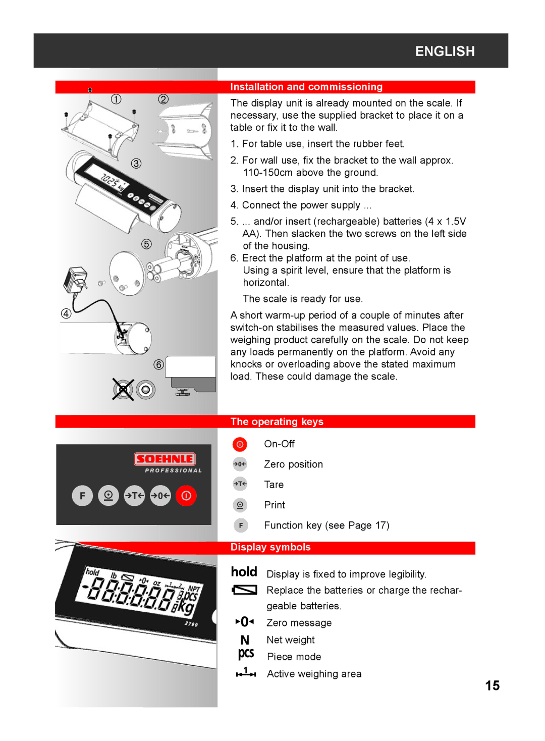 Soehnle 2790 manual Installation and commissioning, Operating keys, Display symbols 