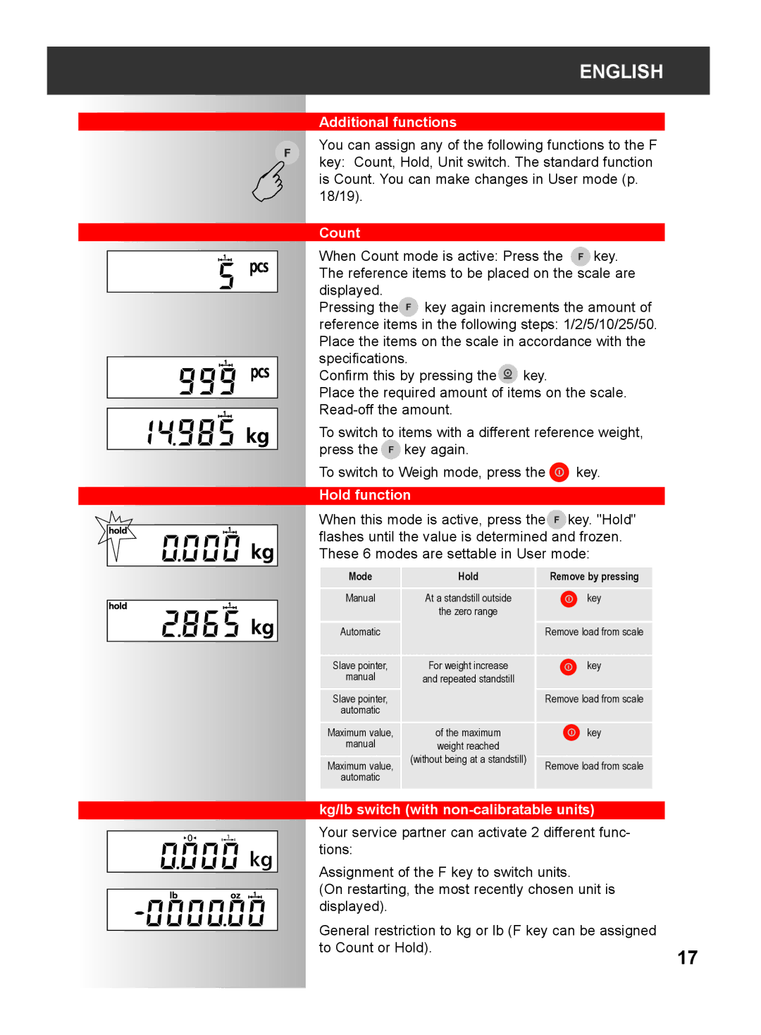 Soehnle 2790 manual Additional functions, Count, Hold function, Kg/lb switch with non-calibratable units 