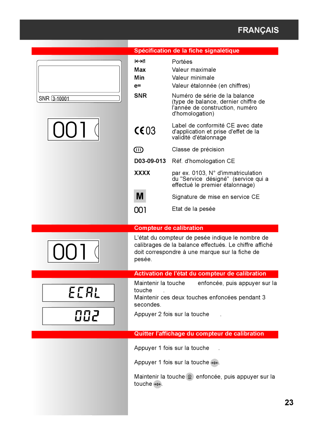 Soehnle 2790 manual Spécification de la fiche signalétique, Compteur de calibration 