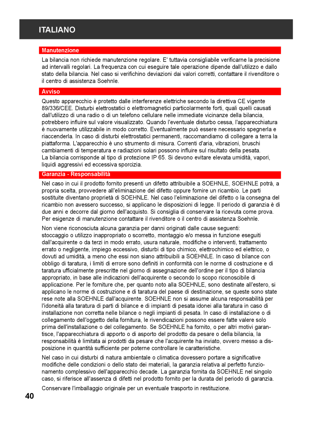 Soehnle 2790 manual Manutenzione, Avviso, Garanzia Responsabilità 