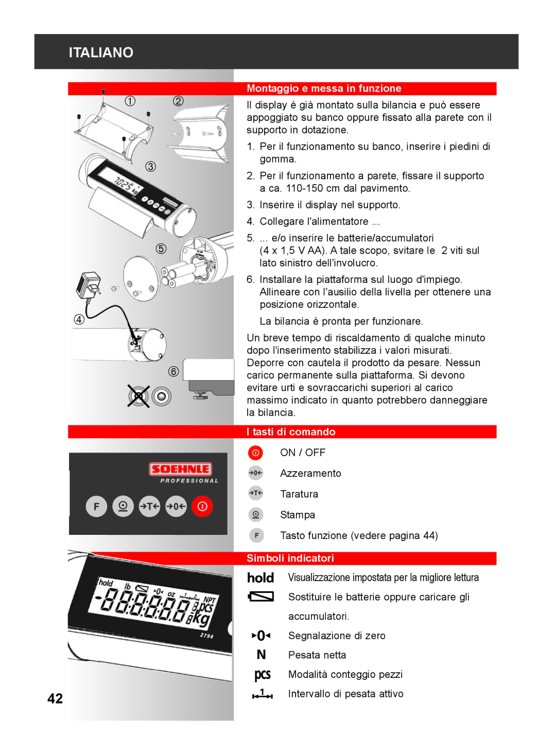 Soehnle 2790 manual Montaggio e messa in funzione, Tasti di comando, Simboli indicatori 