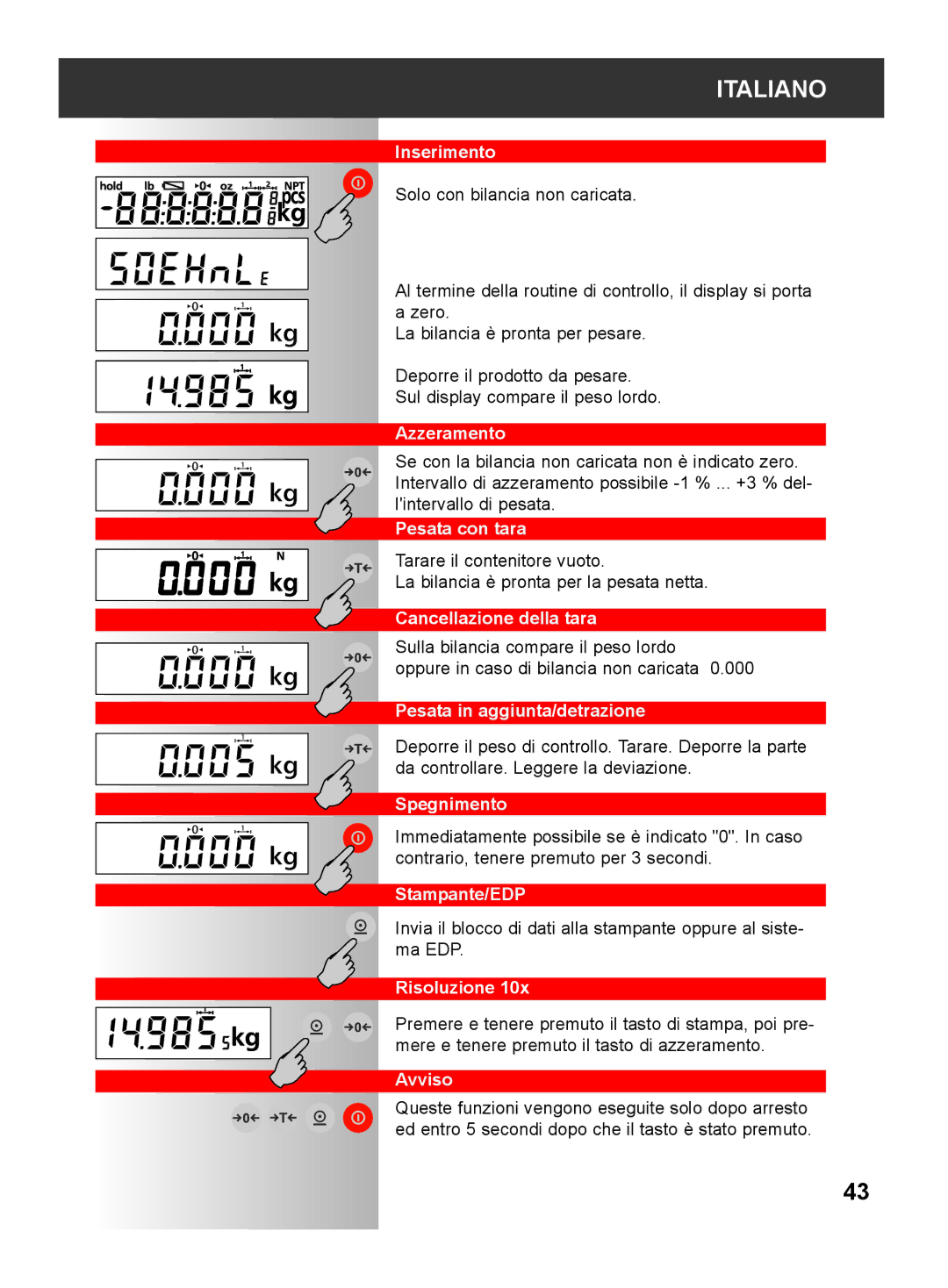 Soehnle 2790 manual Inserimento, Azzeramento, Pesata con tara, Cancellazione della tara, Pesata in aggiunta/detrazione 