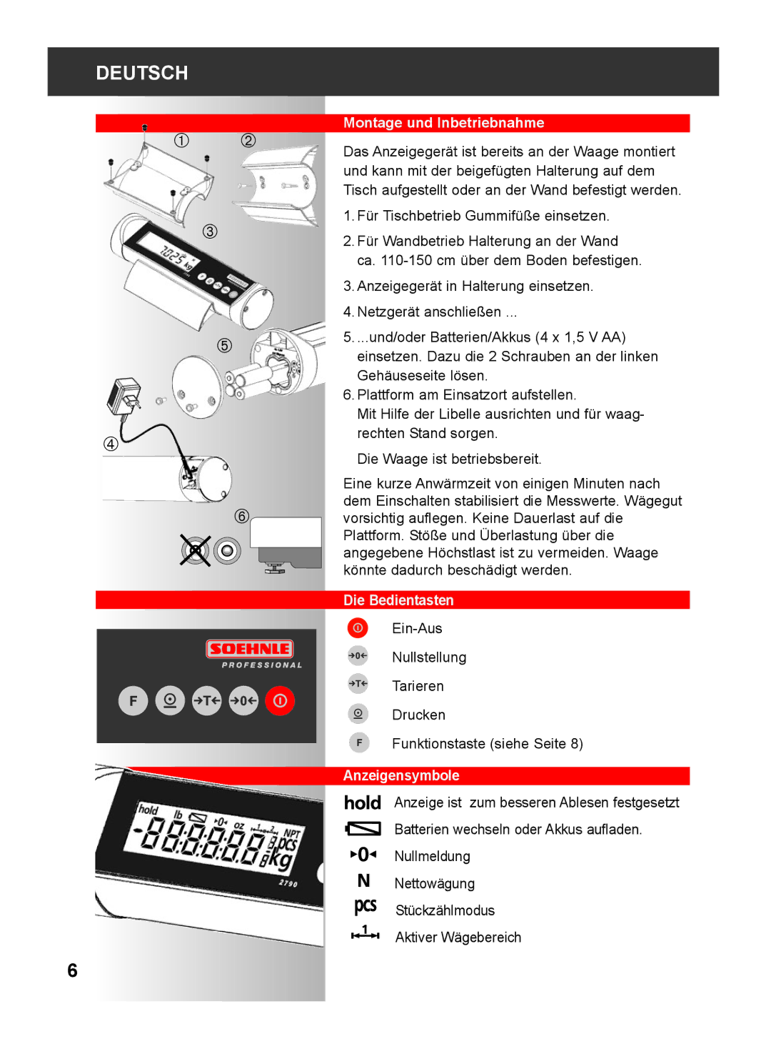 Soehnle 2790 manual Montage und Inbetriebnahme, Die Bedientasten, Anzeigensymbole 