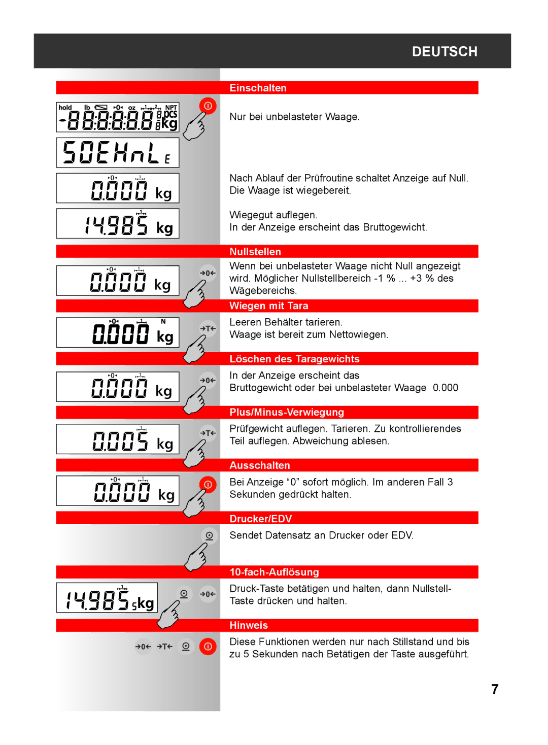 Soehnle 2790 manual Einschalten, Nullstellen, Wiegen mit Tara, Löschen des Taragewichts, Plus/Minus-Verwiegung, Ausschalten 