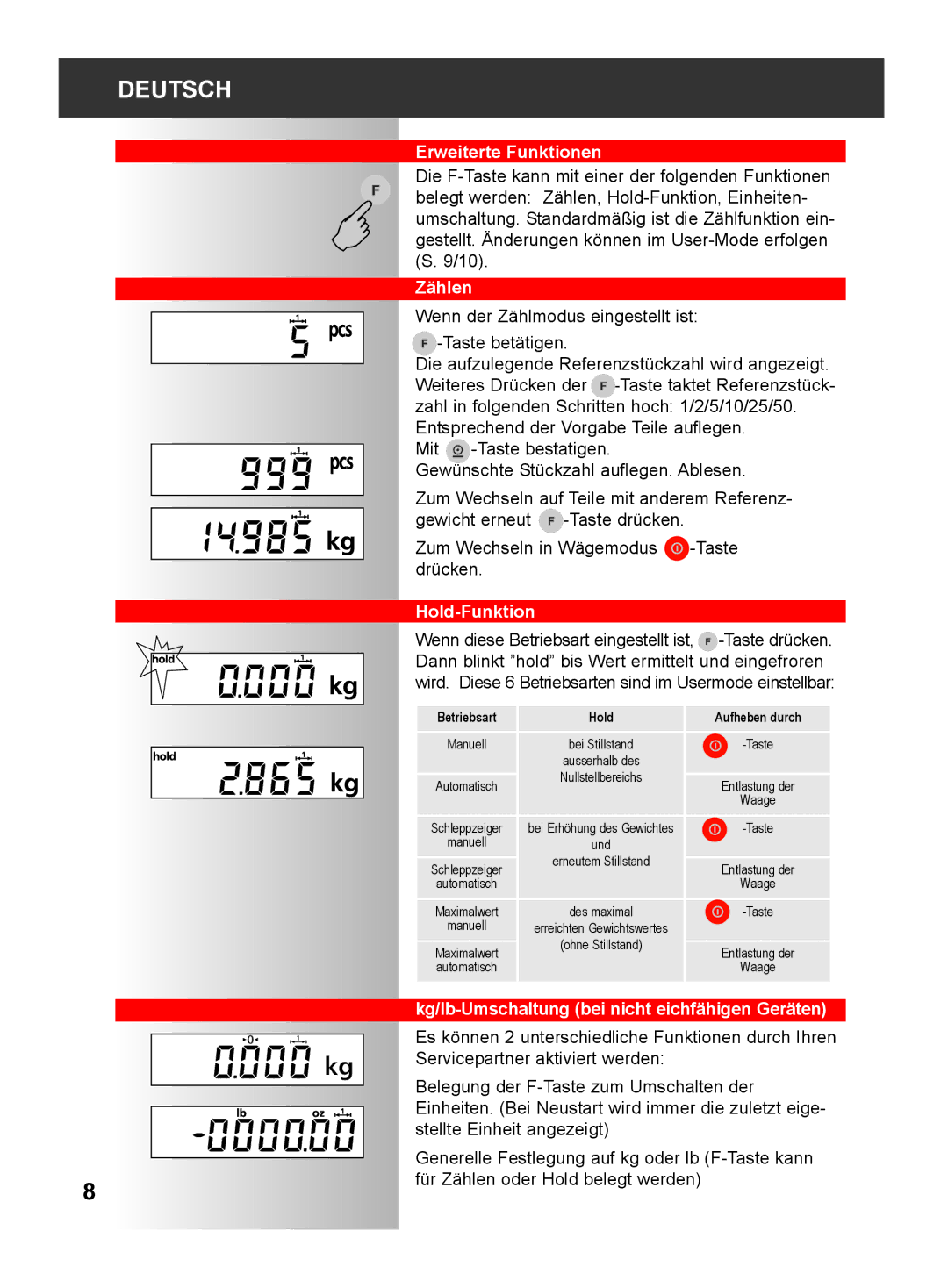 Soehnle 2790 manual Erweiterte Funktionen, Zählen, Hold-Funktion, Kg/lb-Umschaltung bei nicht eichfähigen Geräten 