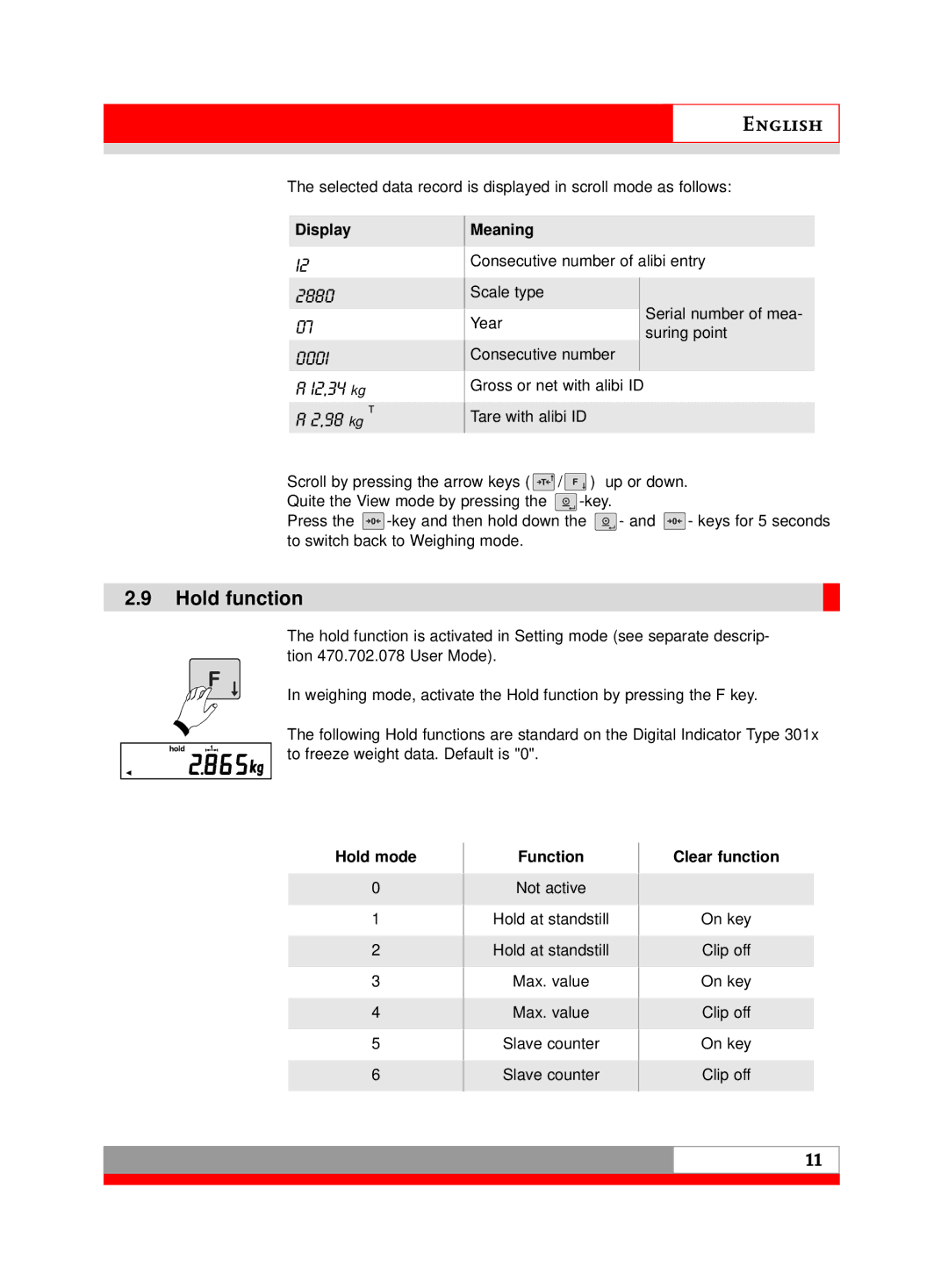 Soehnle 3010 manual Hold function, Display Meaning, Hold mode Function Clear function 