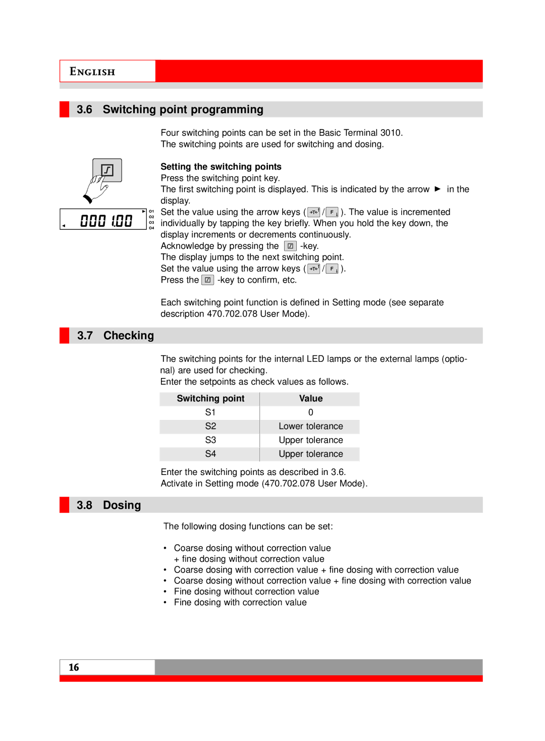 Soehnle 3010 manual Switching point programming, Checking, Dosing, Switching point Value 