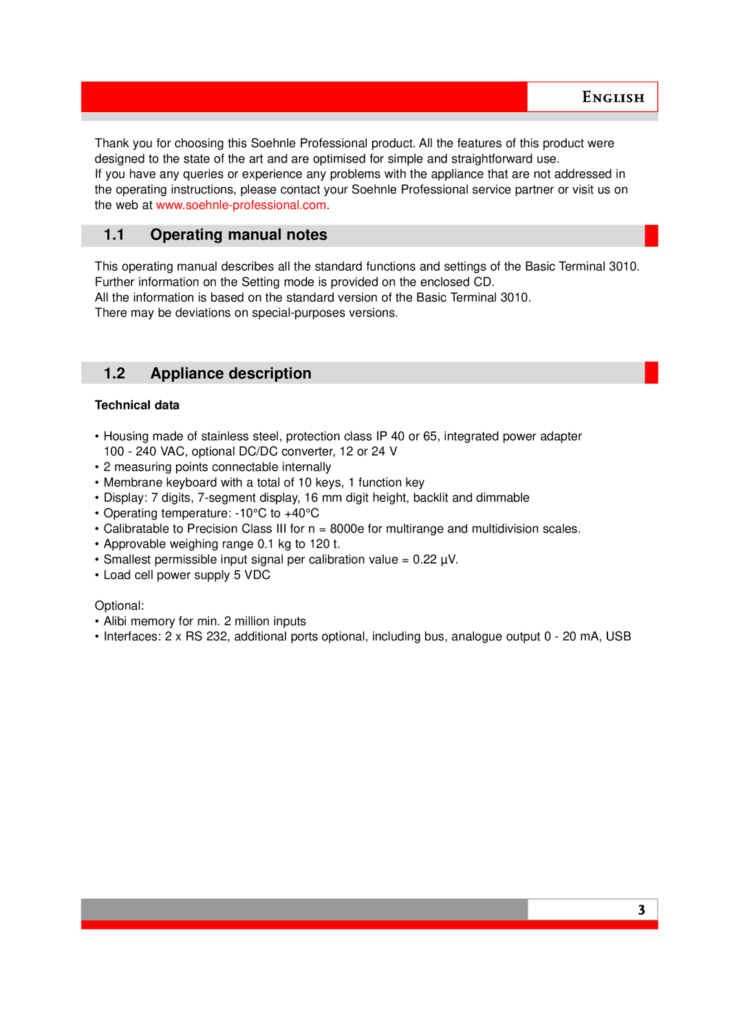 Soehnle 3010 Operating manual notes, Appliance description, Technical data 