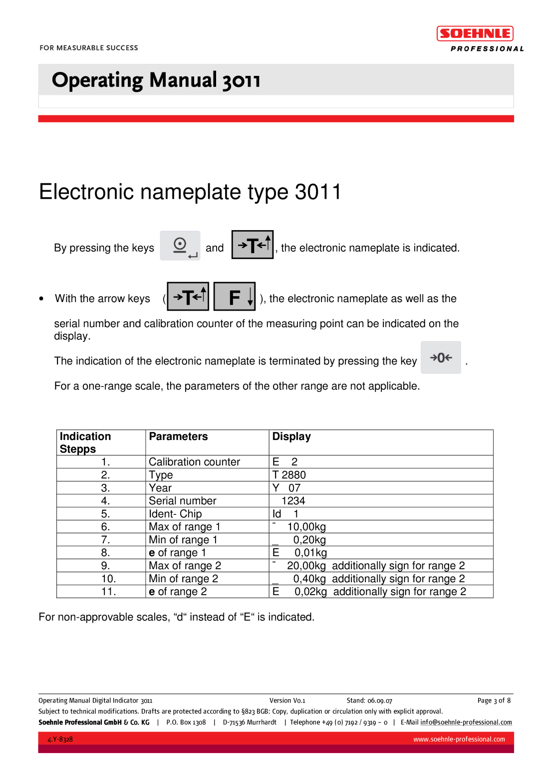 Soehnle 3011 manual Electronic nameplate type, Indication Parameters Display Stepps 