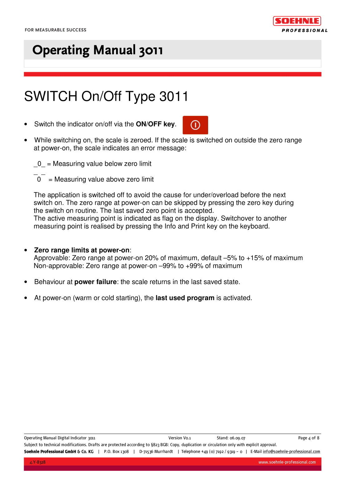 Soehnle 3011 manual Switch On/Off Type, Zero range limits at power-on 