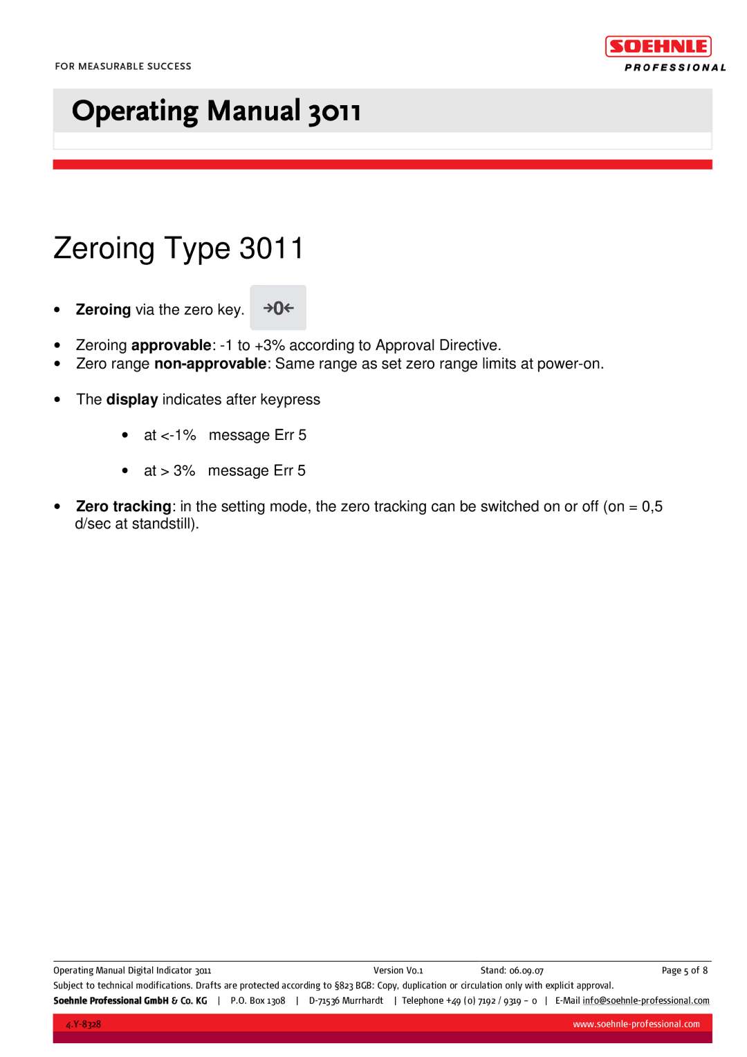 Soehnle 3011 manual Zeroing Type 