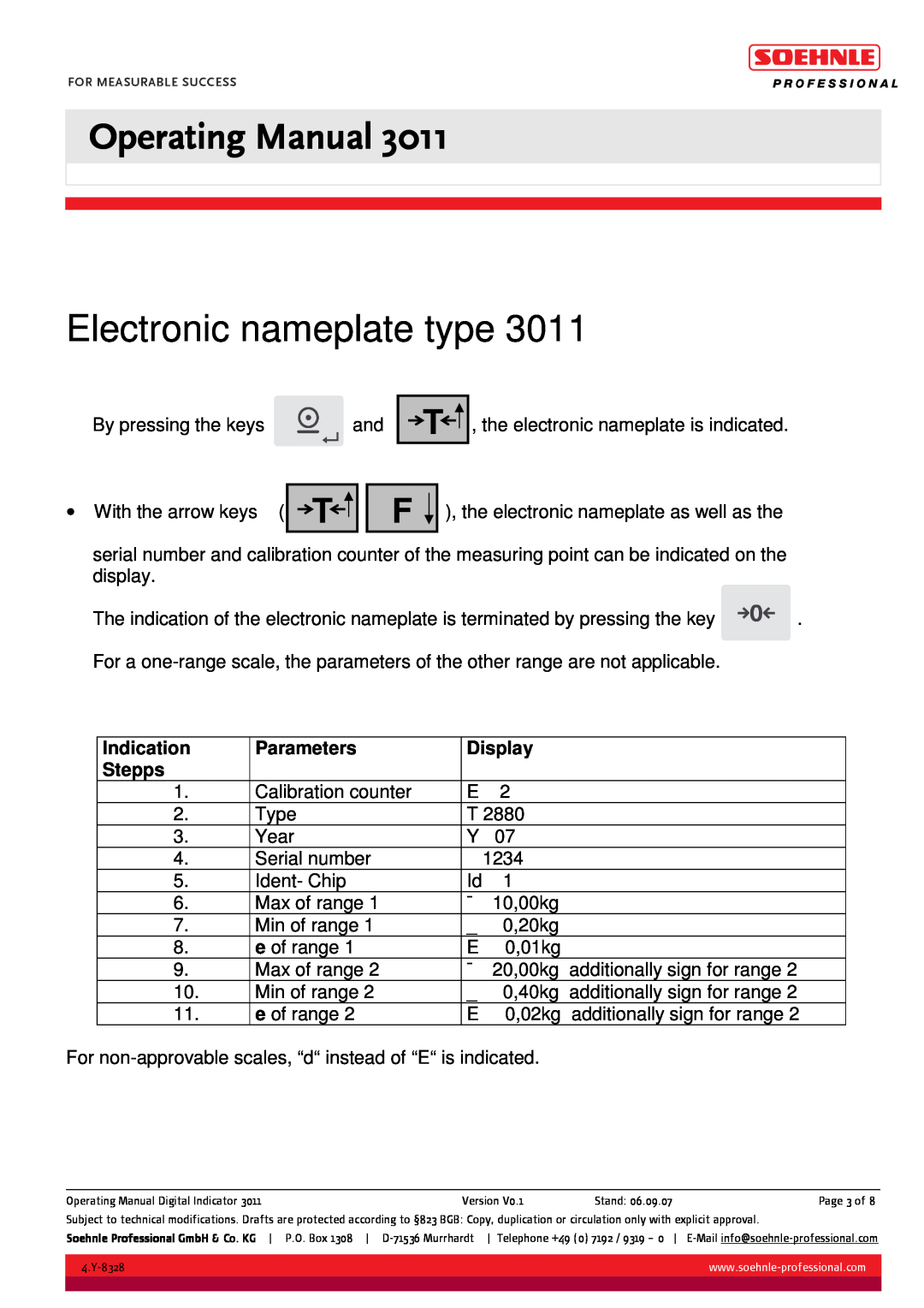 Soehnle 3011 manual Electronic nameplate type, Indication, Parameters, Display, Stepps, Operating Manual 