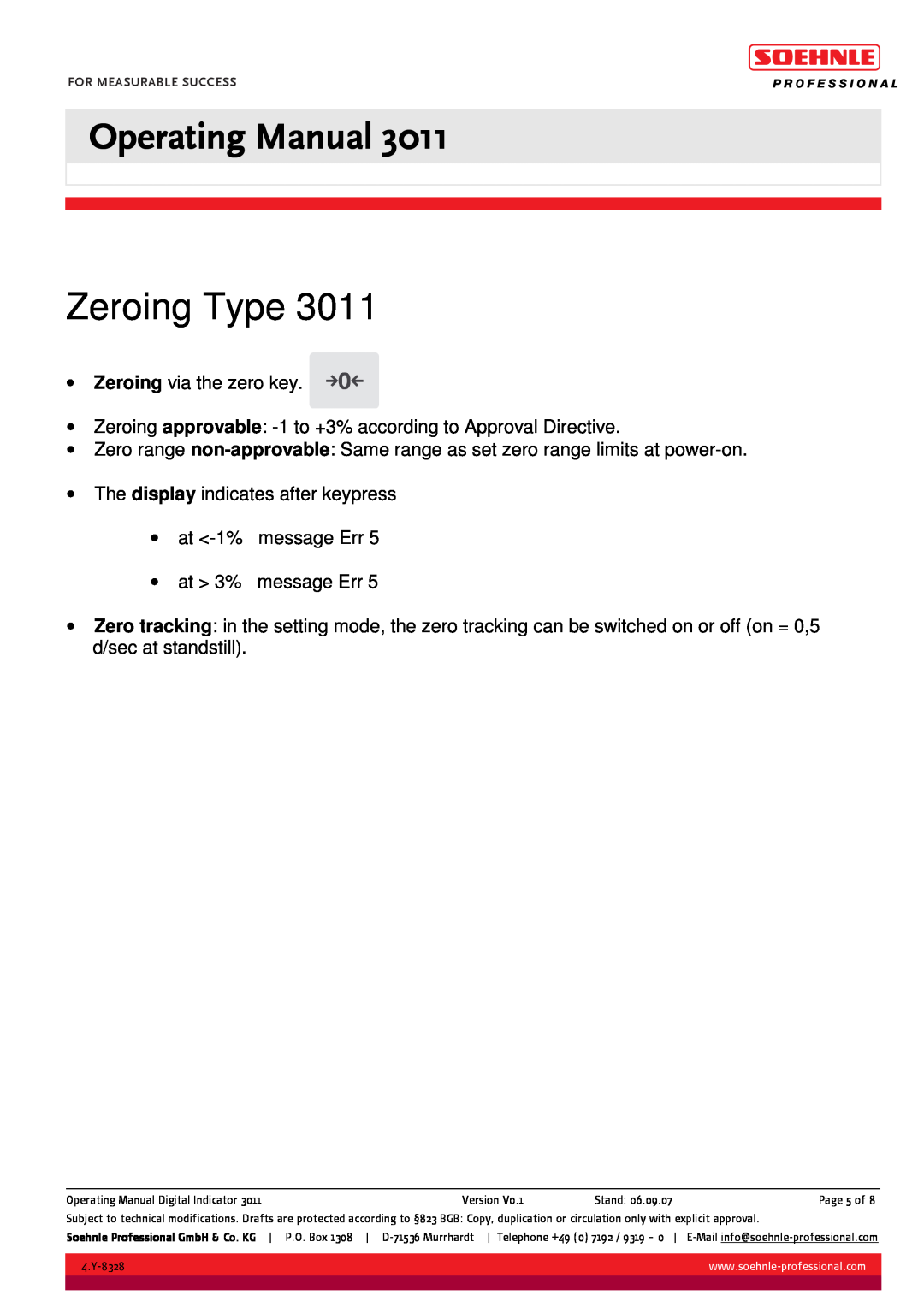 Soehnle 3011 manual Zeroing Type, Operating Manual 